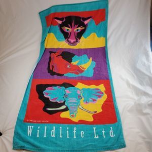 Vintage Seven Seas 1990 Elephant Rhino Panther Beach Towel Wildlife Ltd 56x30”